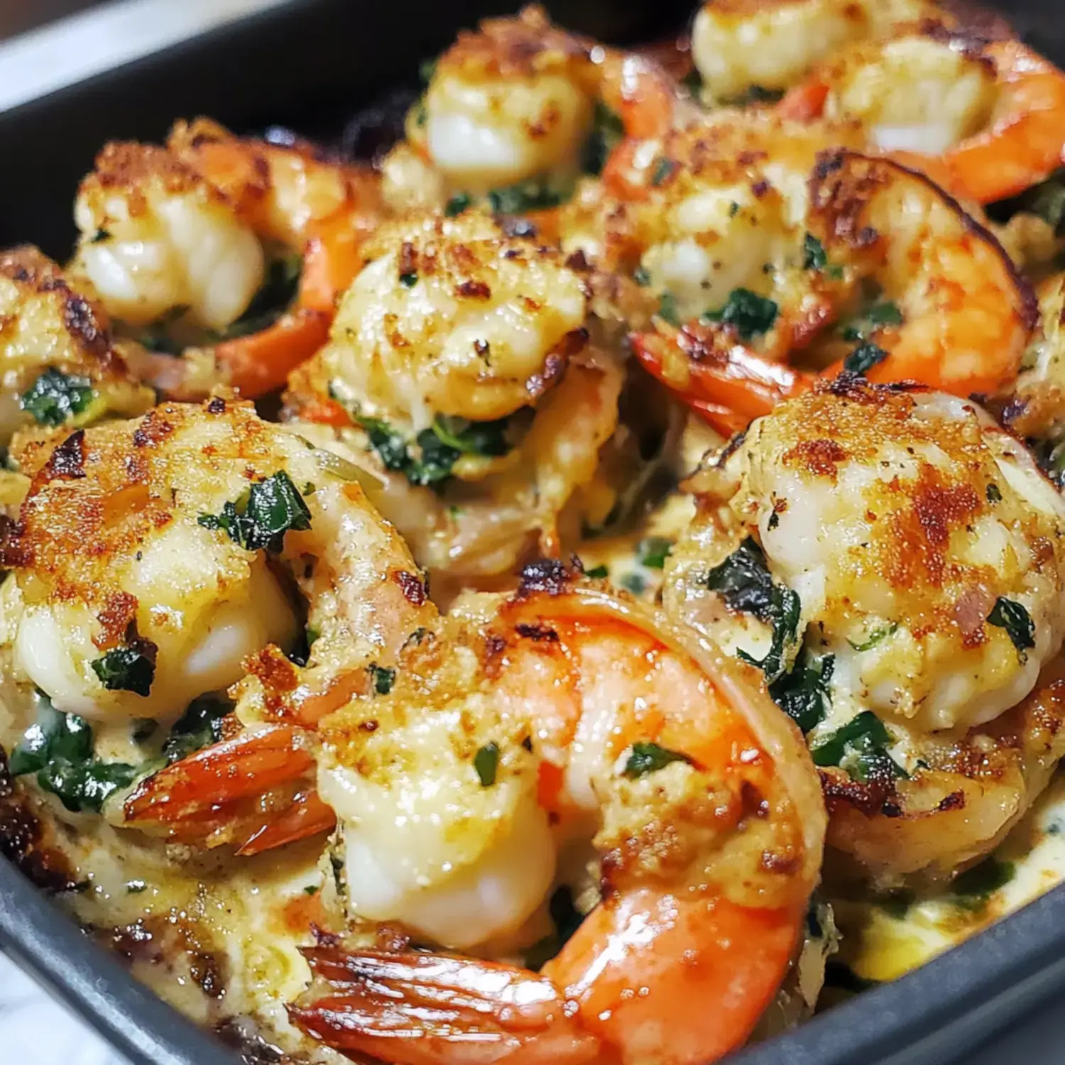 A close-up view of baked shrimp, topped with a golden crust and garnished with herbs.