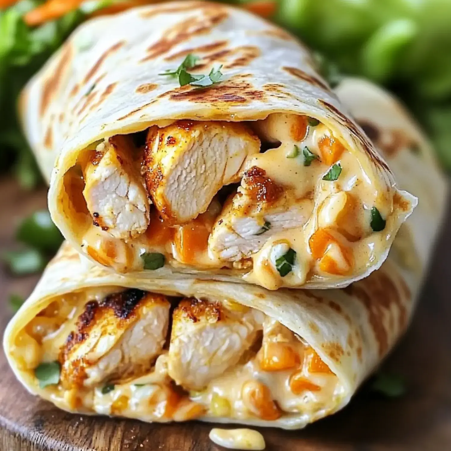 A close-up of two grilled chicken wraps filled with creamy sauce and corn, garnished with herbs, on a wooden board.