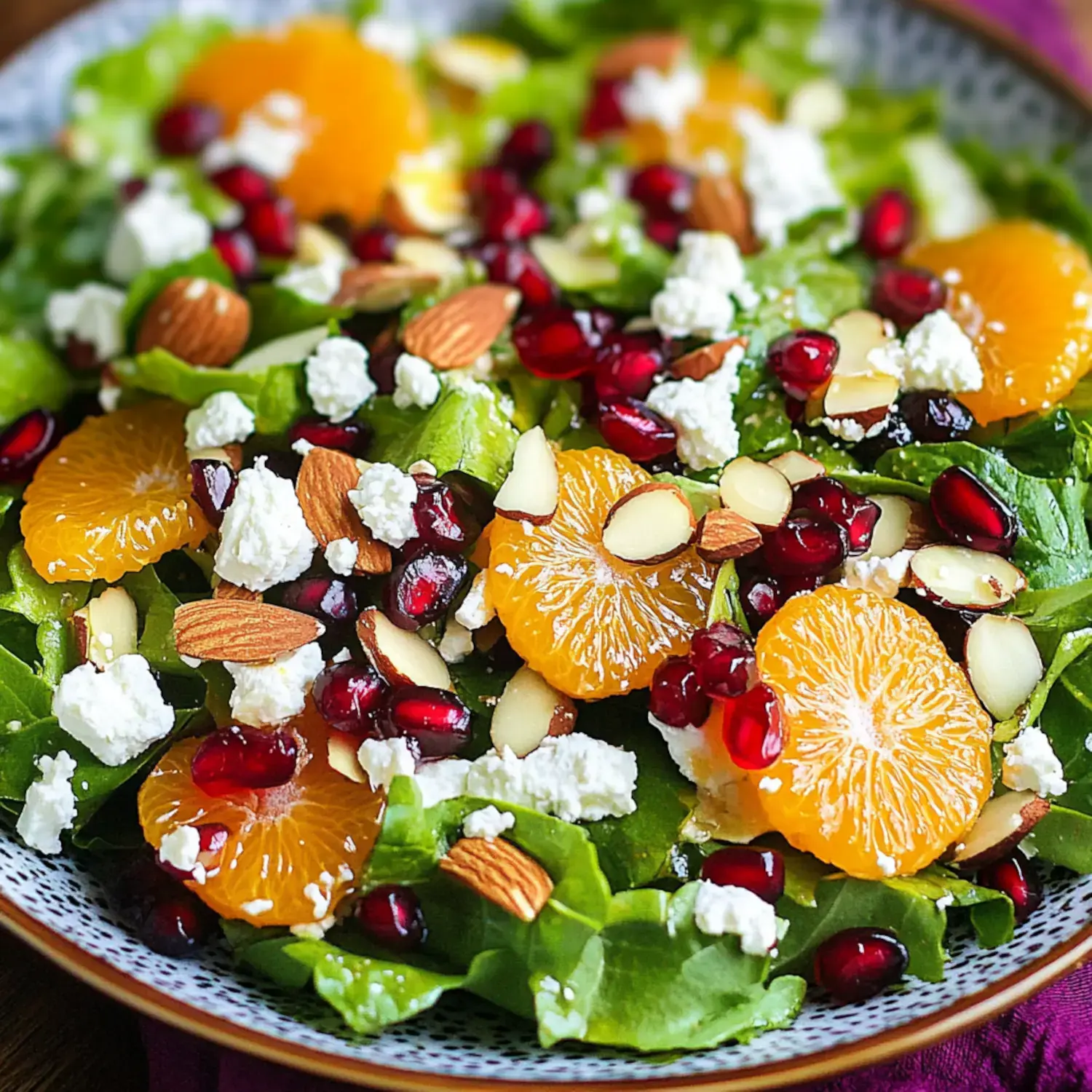 A colorful salad featuring mixed greens topped with mandarin slices, pomegranate seeds, sliced almonds, and crumbled feta cheese.