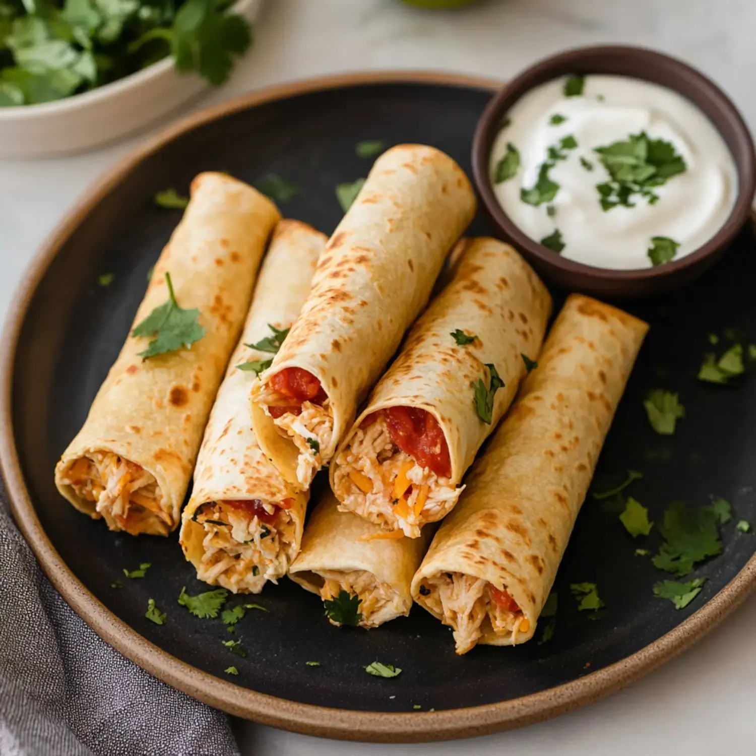 A plate of rolled tortillas filled with chicken, cheese, and salsa, garnished with cilantro, served with a side of sour cream.