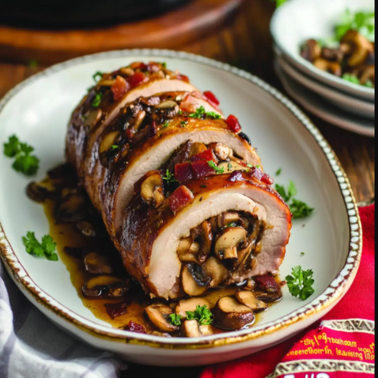 A beautifully plated, sliced roast pork loin filled with mushrooms and garnished with parsley, served in a rich sauce.