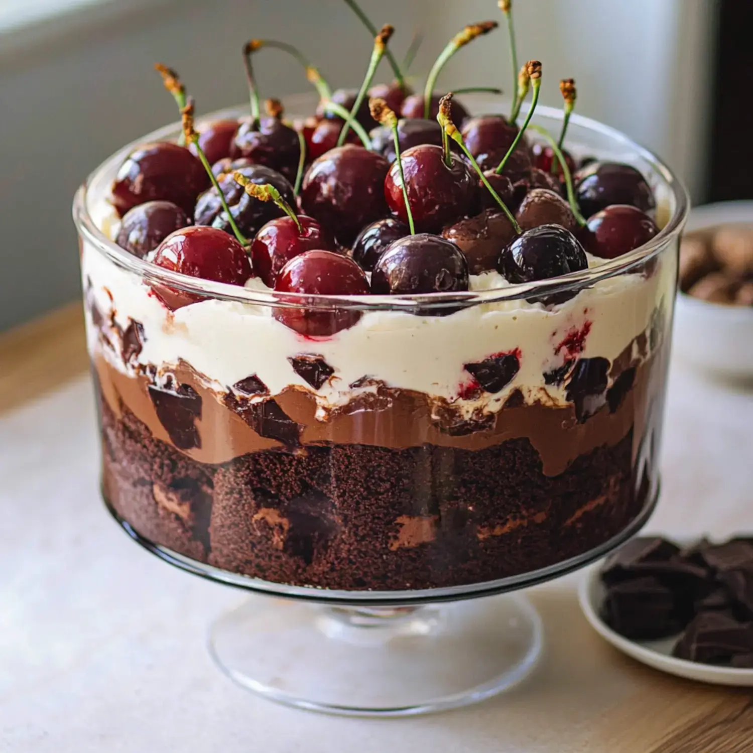 A layered chocolate dessert trifle topped with glossy cherries in a glass dish.