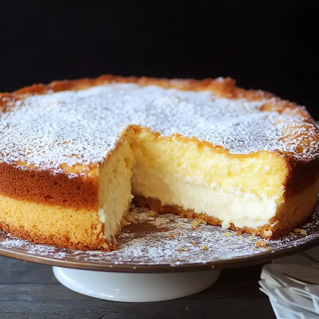 A cheesecake with a slice removed, revealing a creamy interior and topped with powdered sugar.