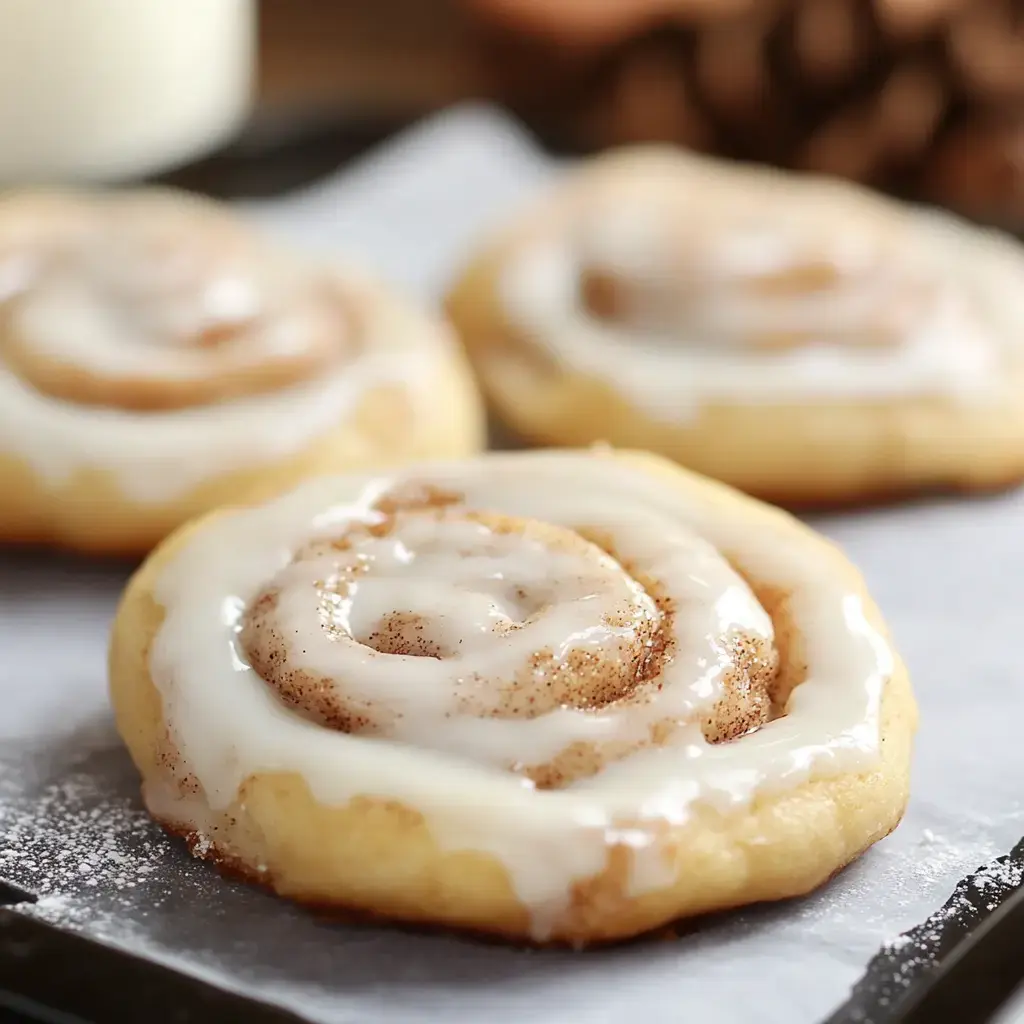 A close-up image of frosted cinnamon rolls sitting on a parchment-lined plate.