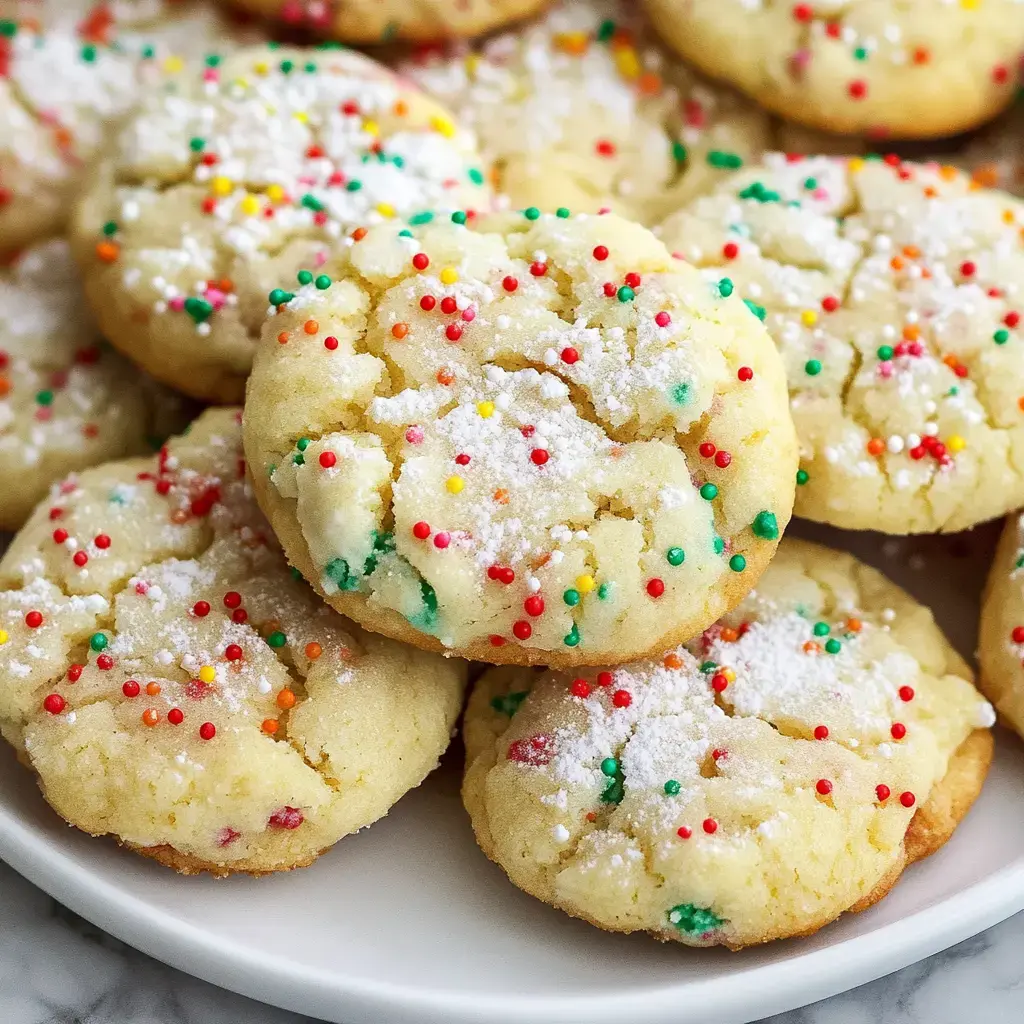 A plate of freshly baked cookies topped with colorful sprinkles and powdered sugar.