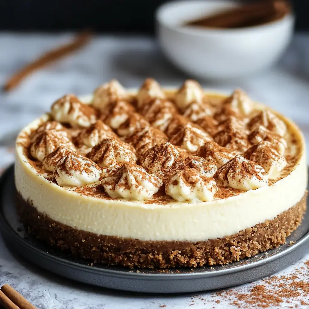 A creamy cheesecake topped with dollops of whipped cream and a dusting of cocoa powder, placed on a grey cake stand.