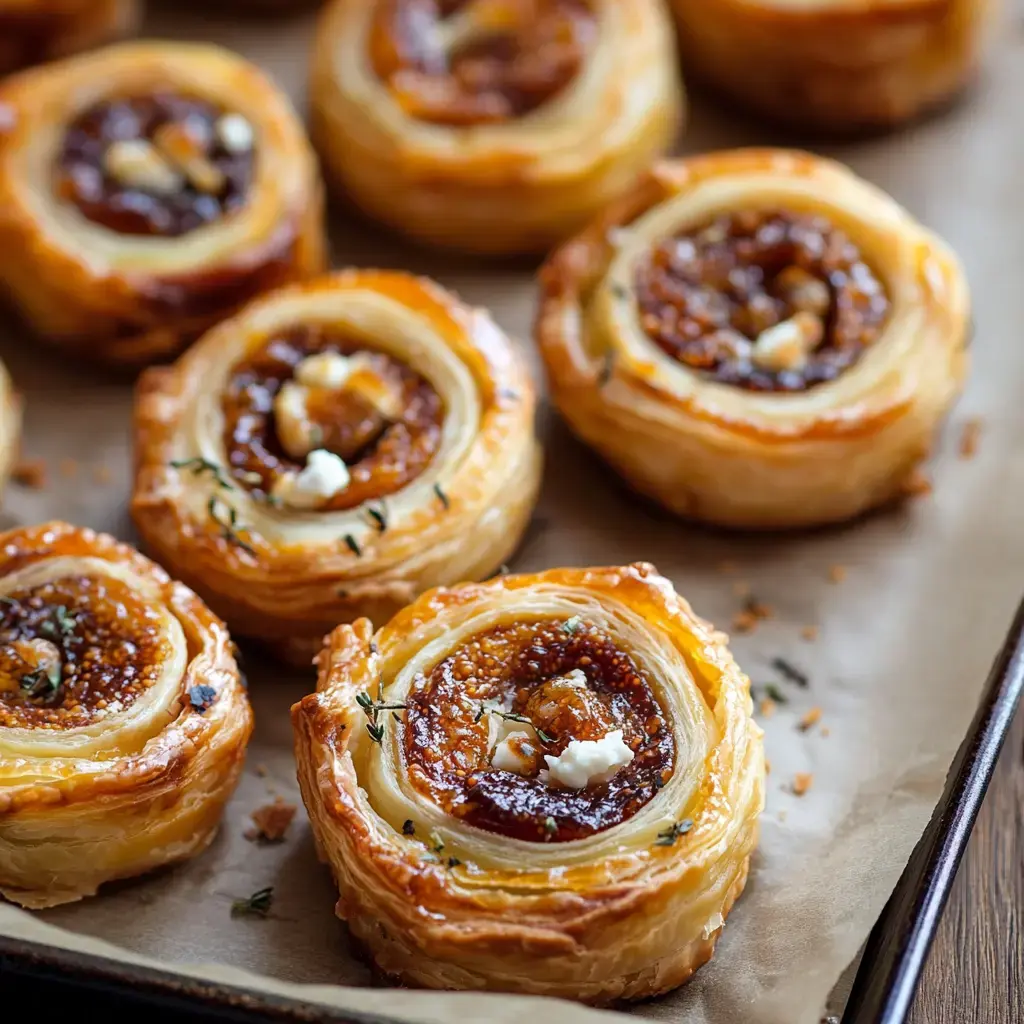 A tray of golden, flaky pastry rolls filled with a sweet, dark filling and topped with crumbled cheese and herbs.