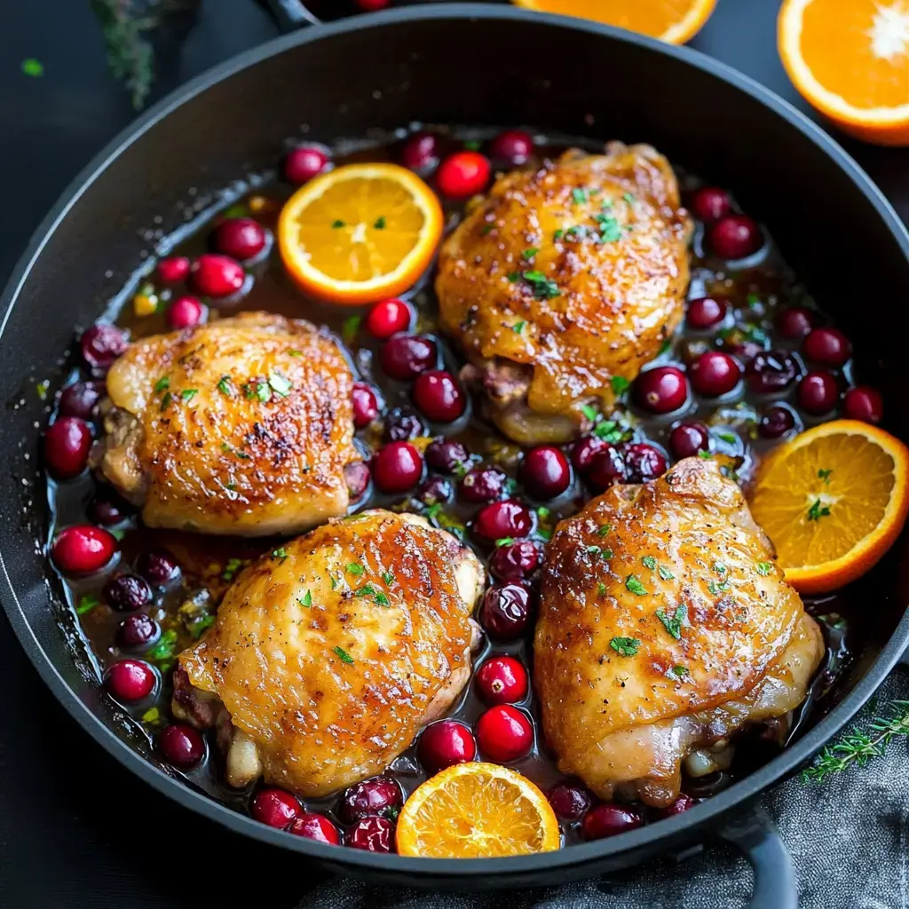 A skillet contains golden-brown chicken thighs surrounded by fresh cranberries and orange slices, garnished with herbs in a savory sauce.