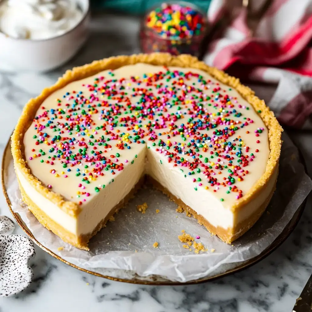 A colorful cheesecake topped with rainbow sprinkles, with a slice removed, rests on a marble surface.