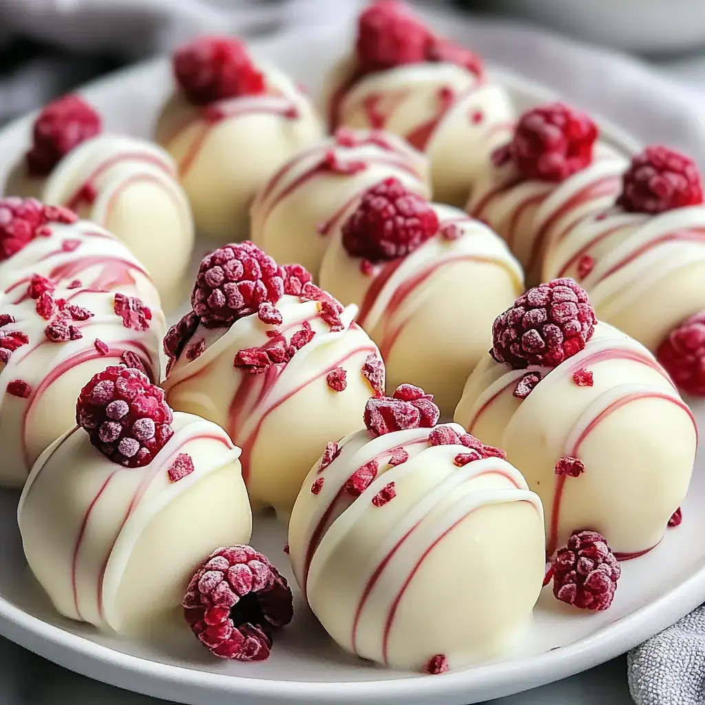 A plate of white chocolate truffles decorated with raspberry pieces and drizzled with red chocolate.