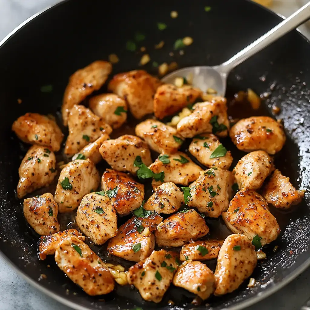 A skillet filled with sautéed chicken pieces garnished with chopped parsley.