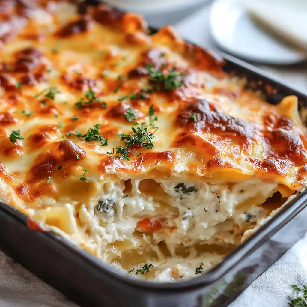 A creamy, baked lasagna with a golden, cheesy crust topped with fresh parsley.