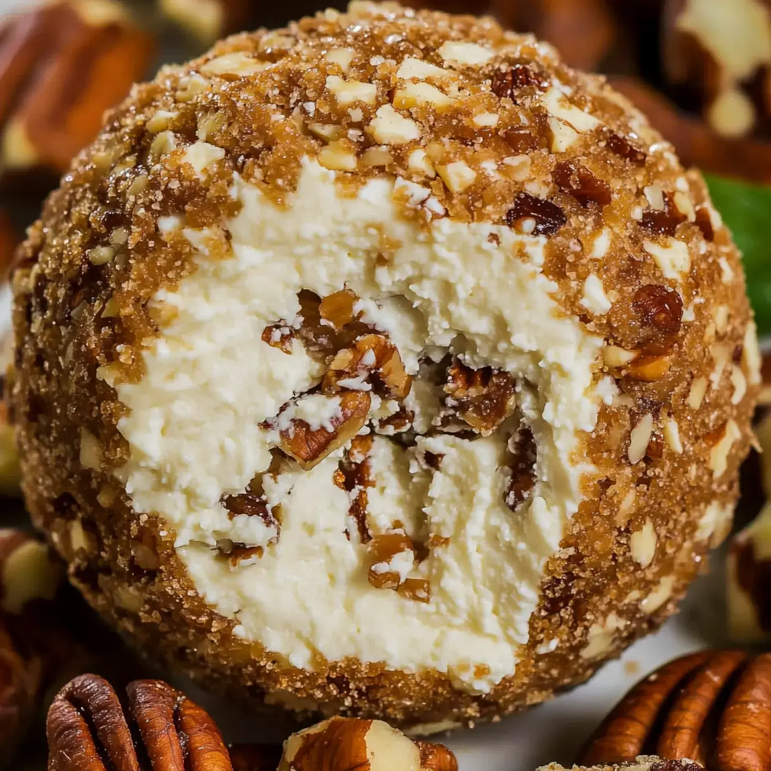 A close-up of a cheese ball rolled in nuts, showcasing a creamy, nut-filled interior.