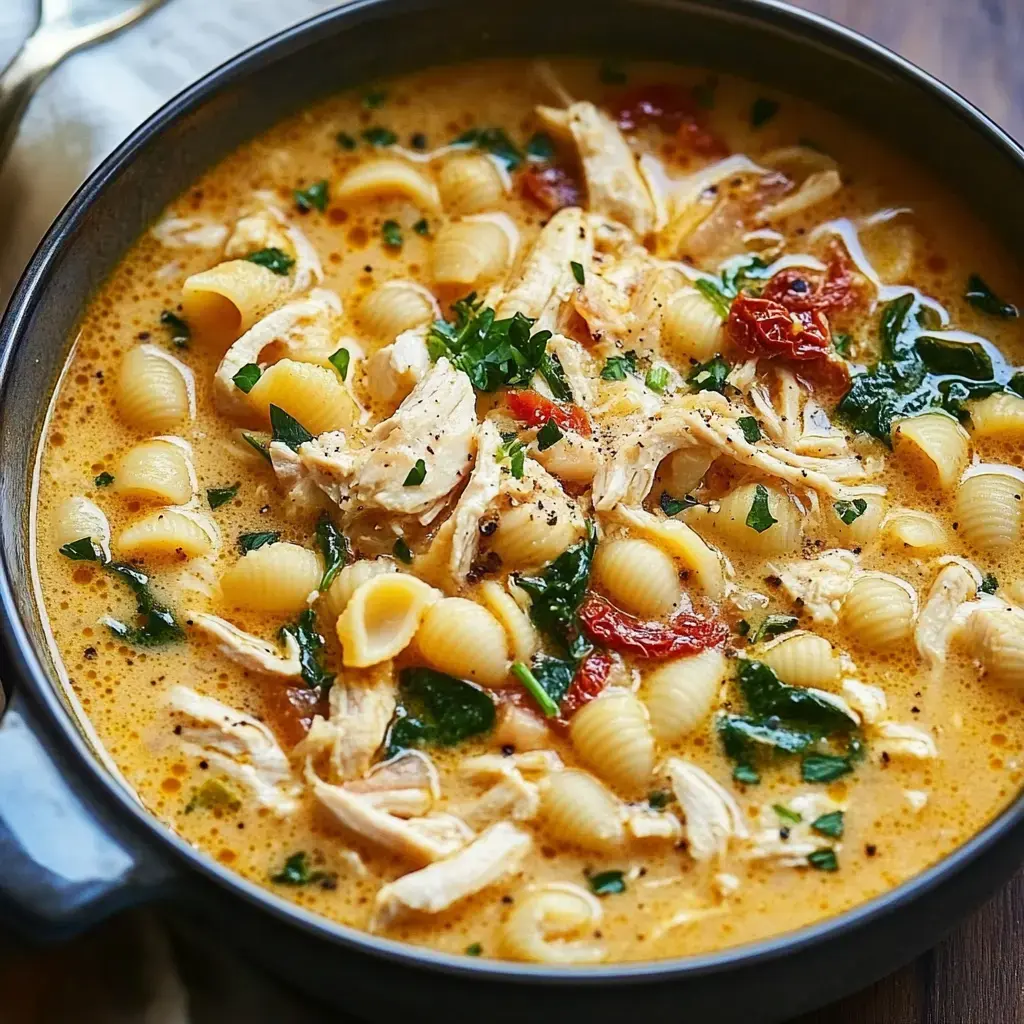 A bowl of creamy chicken soup with pasta shells, spinach, and sun-dried tomatoes, garnished with chopped parsley.