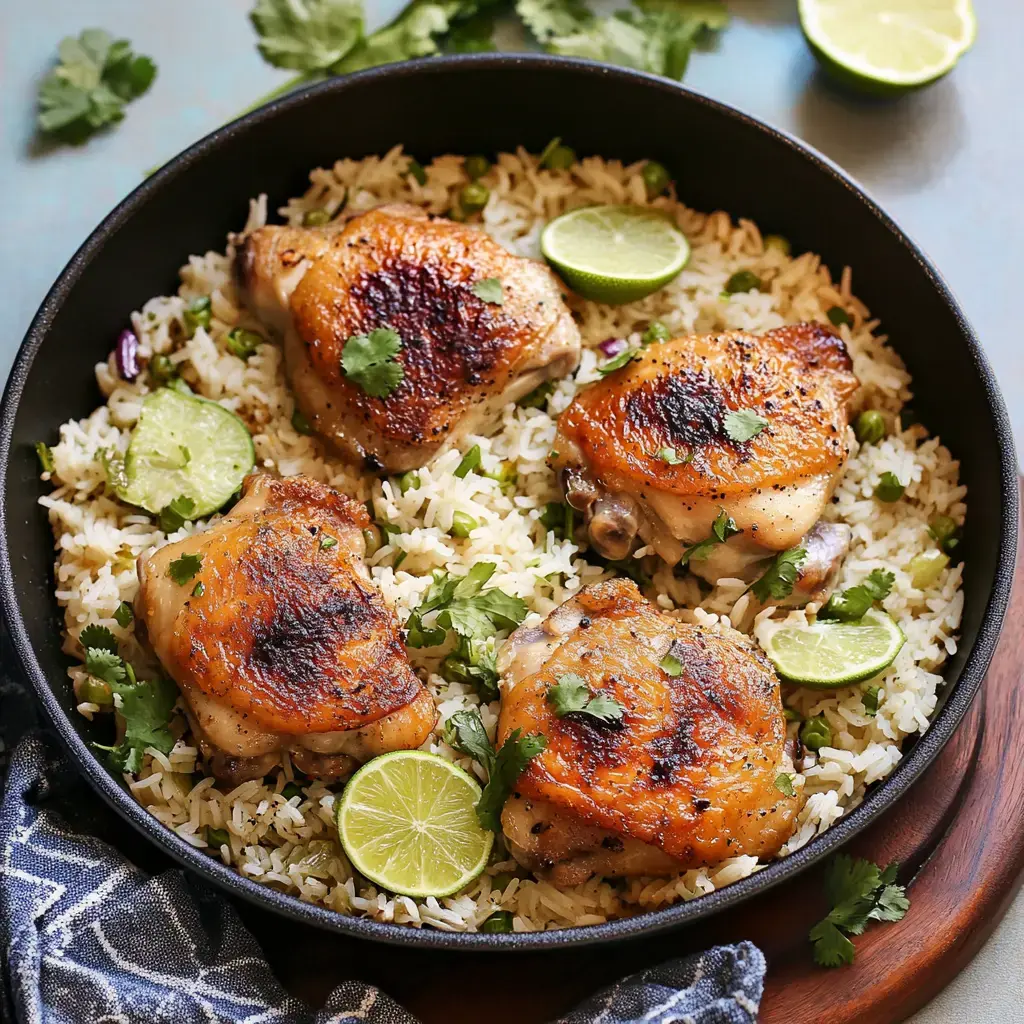 A skillet filled with seasoned chicken thighs, garnished with cilantro and lime slices, served over fluffy rice with peas.