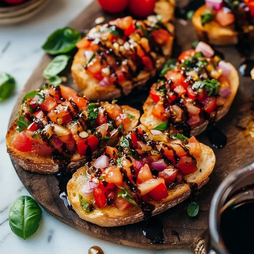 A wooden platter holds several slices of toasted bread topped with a mixture of diced tomatoes, onions, and basil, drizzled with balsamic glaze.