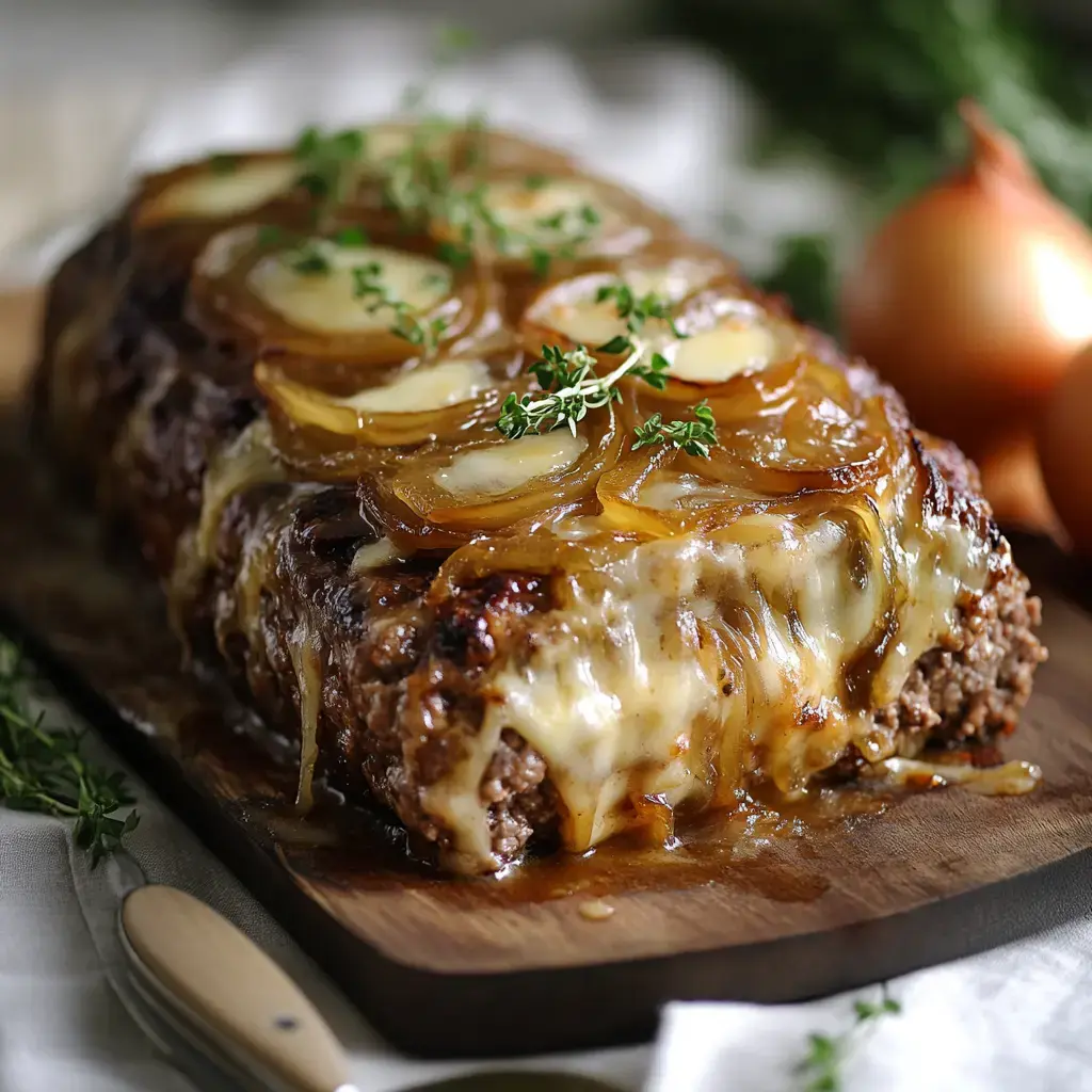 A beautifully cooked meatloaf topped with melted cheese and caramelized onions, garnished with fresh thyme, resting on a wooden board.