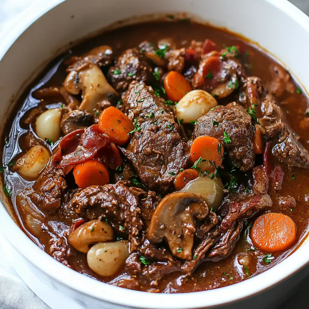 A white bowl filled with a hearty beef stew containing chunks of meat, carrots, onions, mushrooms, and garnished with fresh parsley.