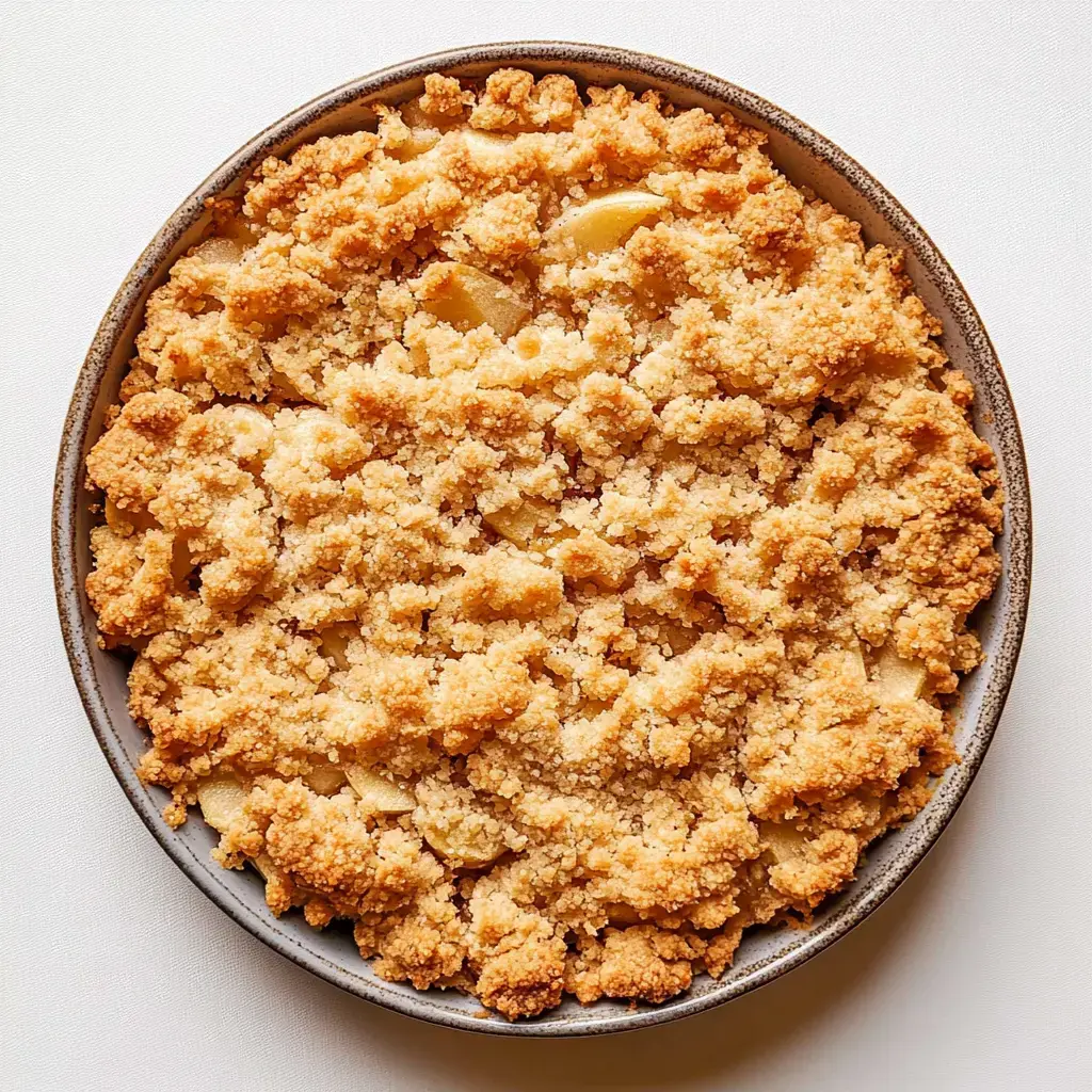 A golden-brown apple crumble dessert in a round dish.