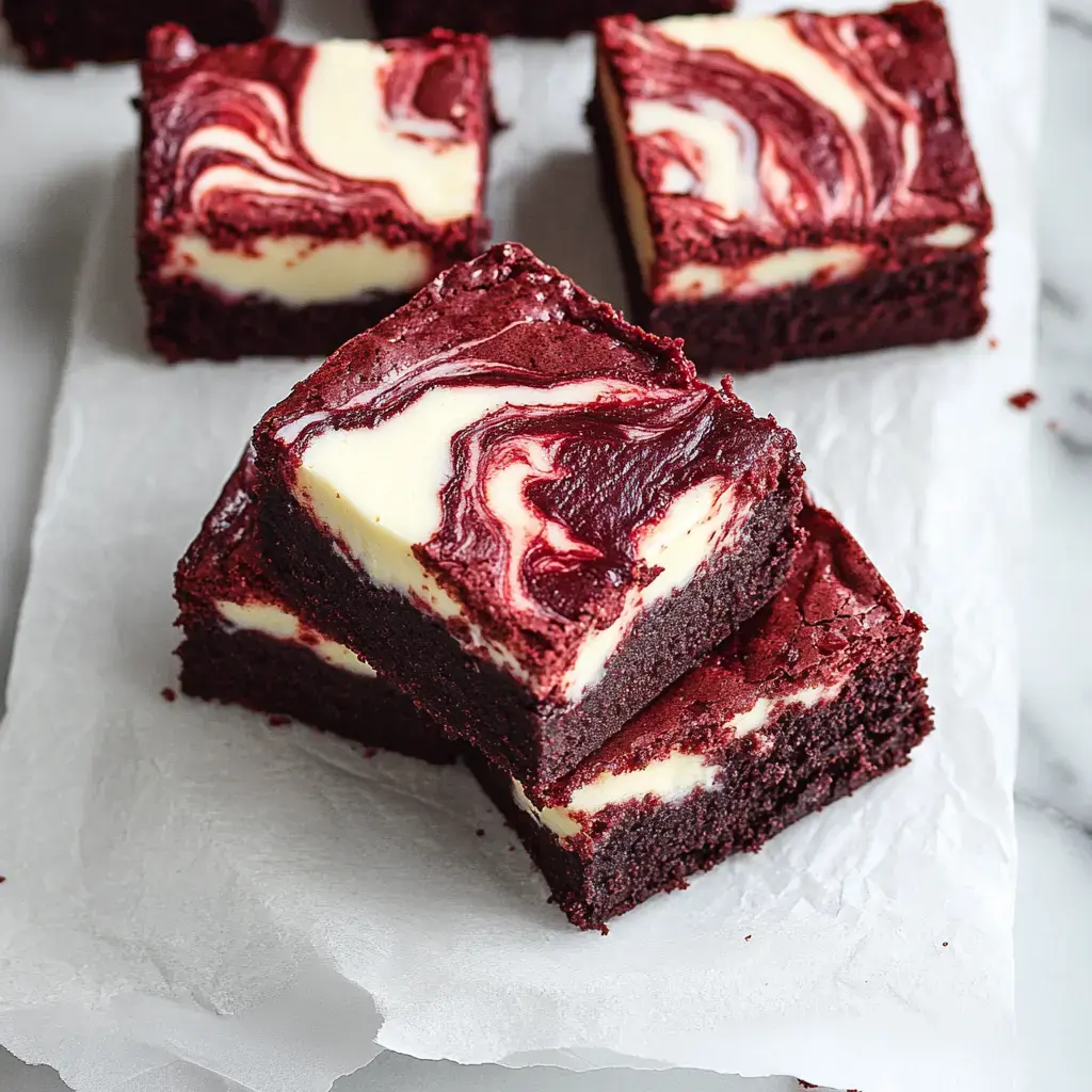 A close-up of red velvet brownies with a cream cheese swirl, arranged on a piece of parchment paper.