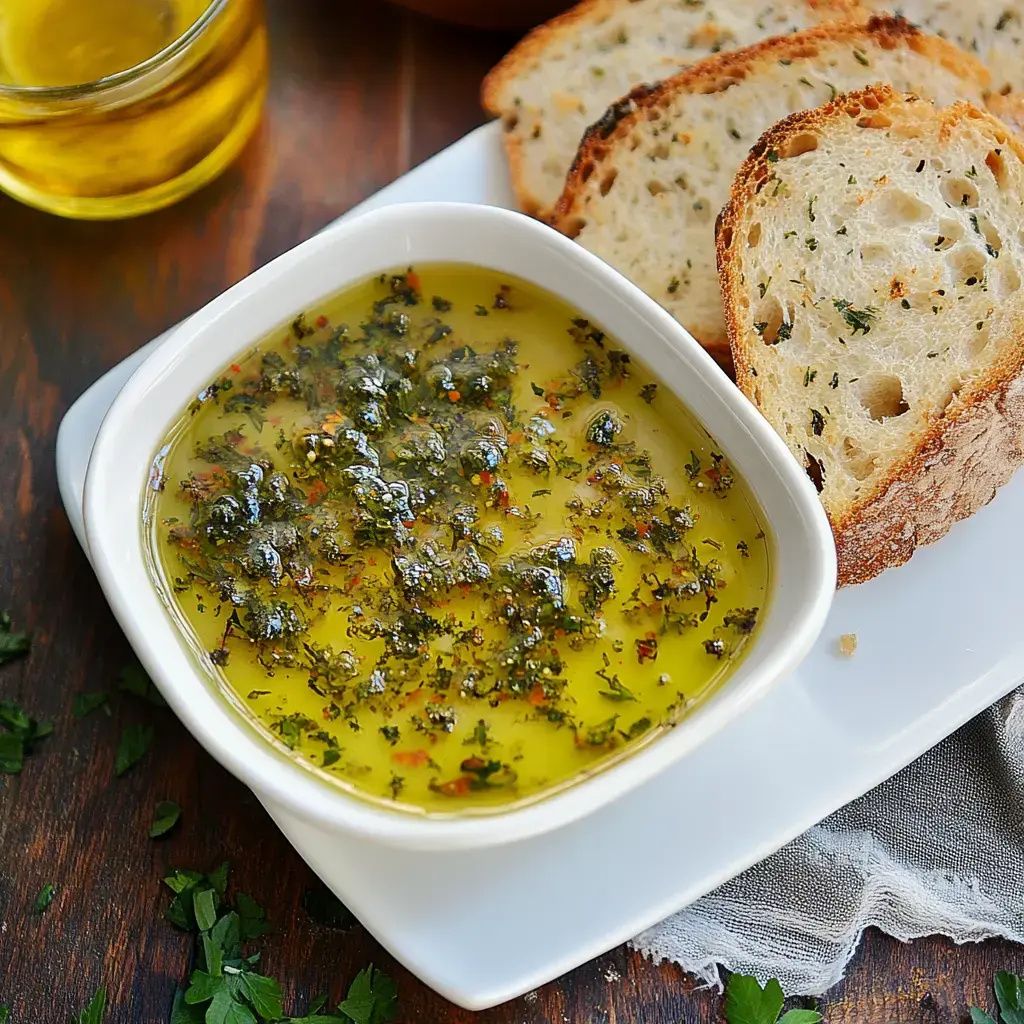 A dish of herbal-infused olive oil for dipping, accompanied by slices of rustic bread.