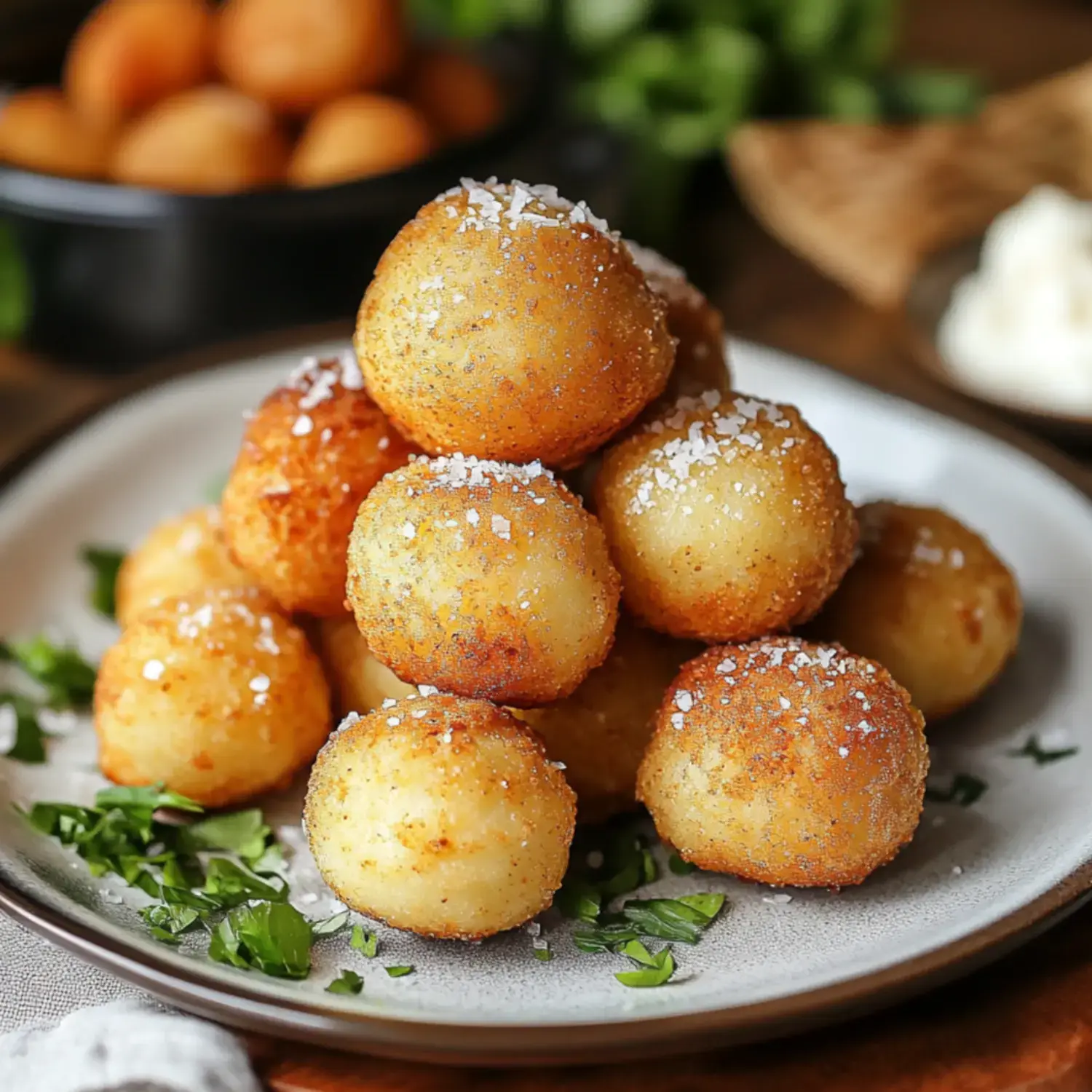 A plate of golden, crispy fried dough balls, garnished with salt and surrounded by fresh green herbs.