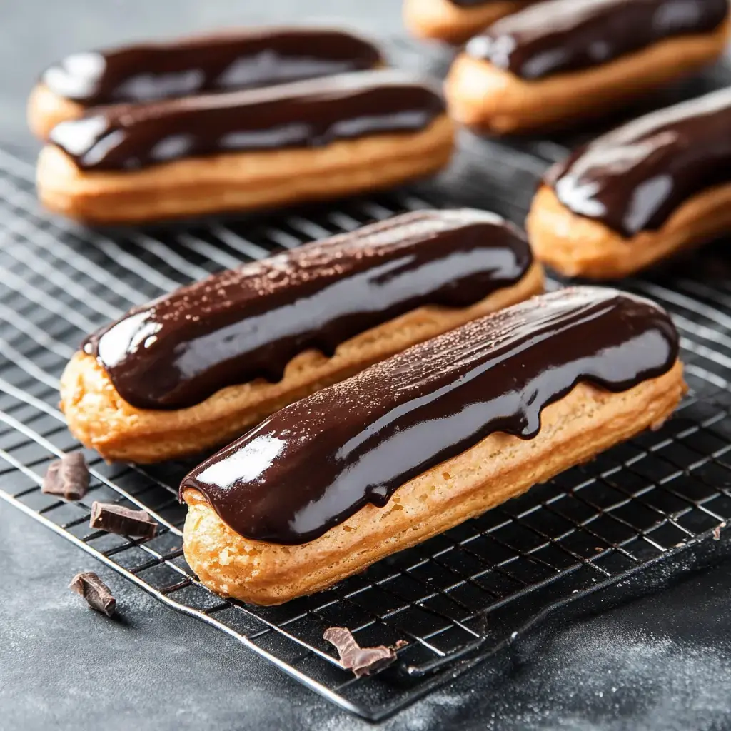 A close-up of chocolate-glazed eclairs cooling on a wire rack, with some chocolate flakes scattered around.