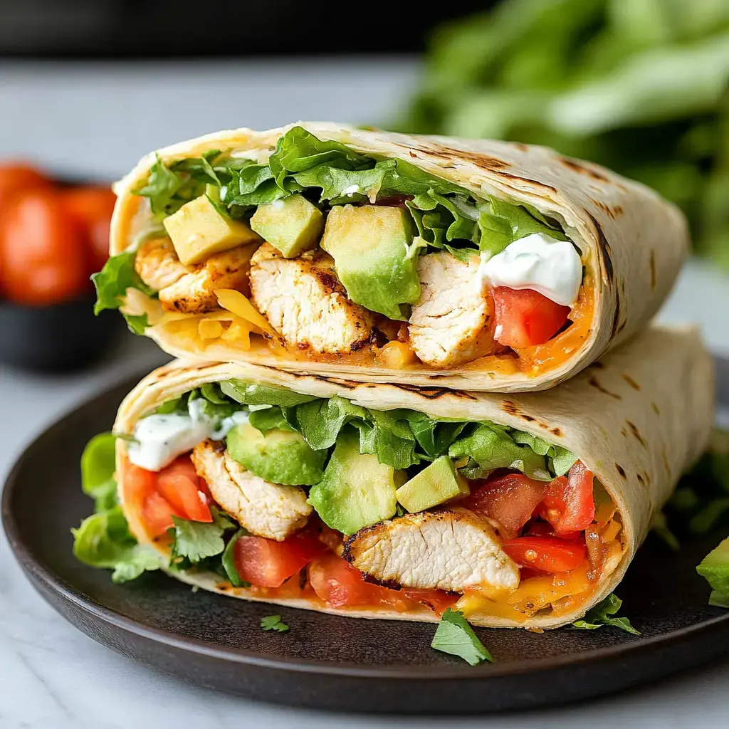 A close-up of two stacked wraps filled with grilled chicken, lettuce, avocado, tomatoes, and a drizzle of sauce on a dark plate.