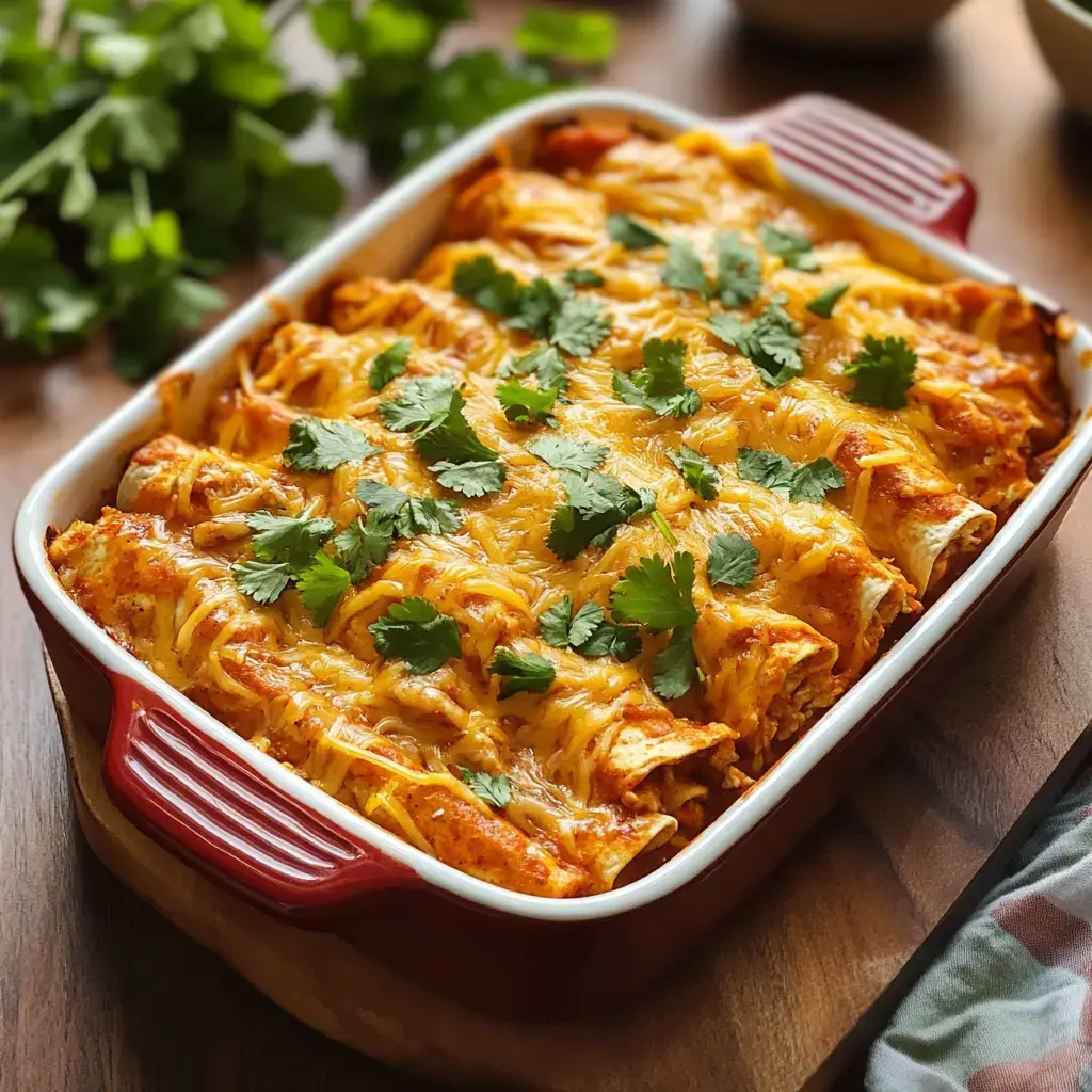 A red baking dish filled with cheesy enchiladas garnished with fresh cilantro on a wooden surface.