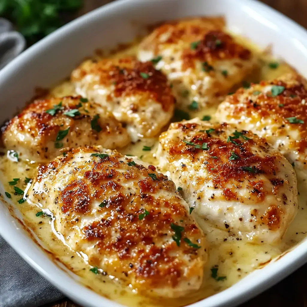 A close-up view of baked chicken breasts topped with a golden, crispy crust and garnished with parsley, served in a white dish.