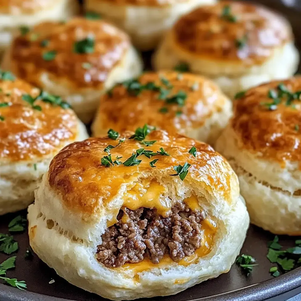 A close-up of a biscuit stuffed with melted cheese and ground beef, garnished with parsley, surrounded by more biscuits.