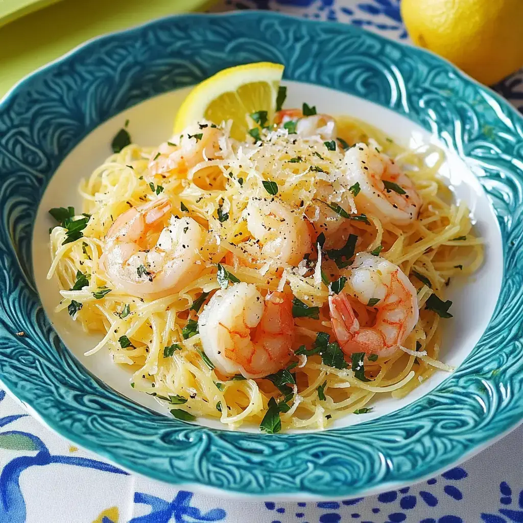 A plate of spaghetti topped with shrimp, garnished with parsley, lemon, and grated cheese.