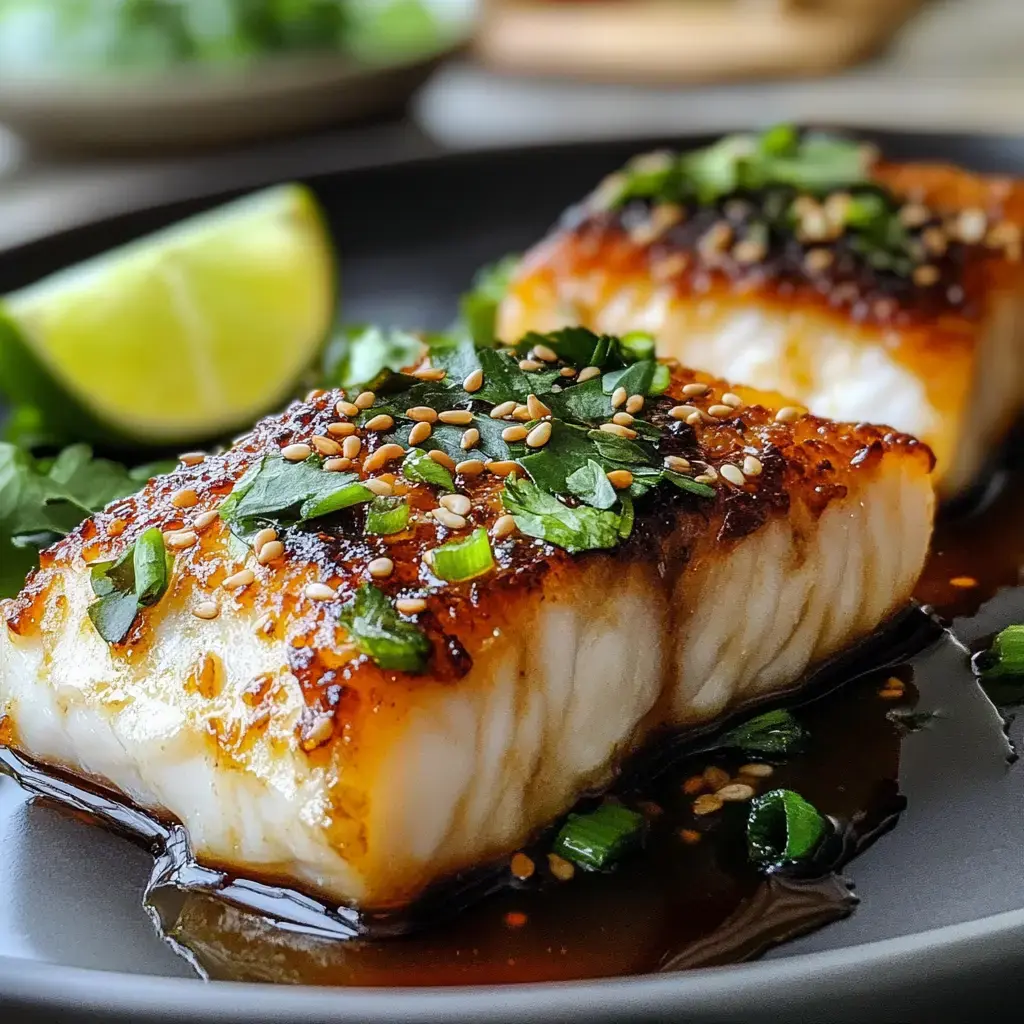 Two pieces of glazed fish are garnished with sesame seeds and chopped herbs, accompanied by a lime wedge on a dark plate.