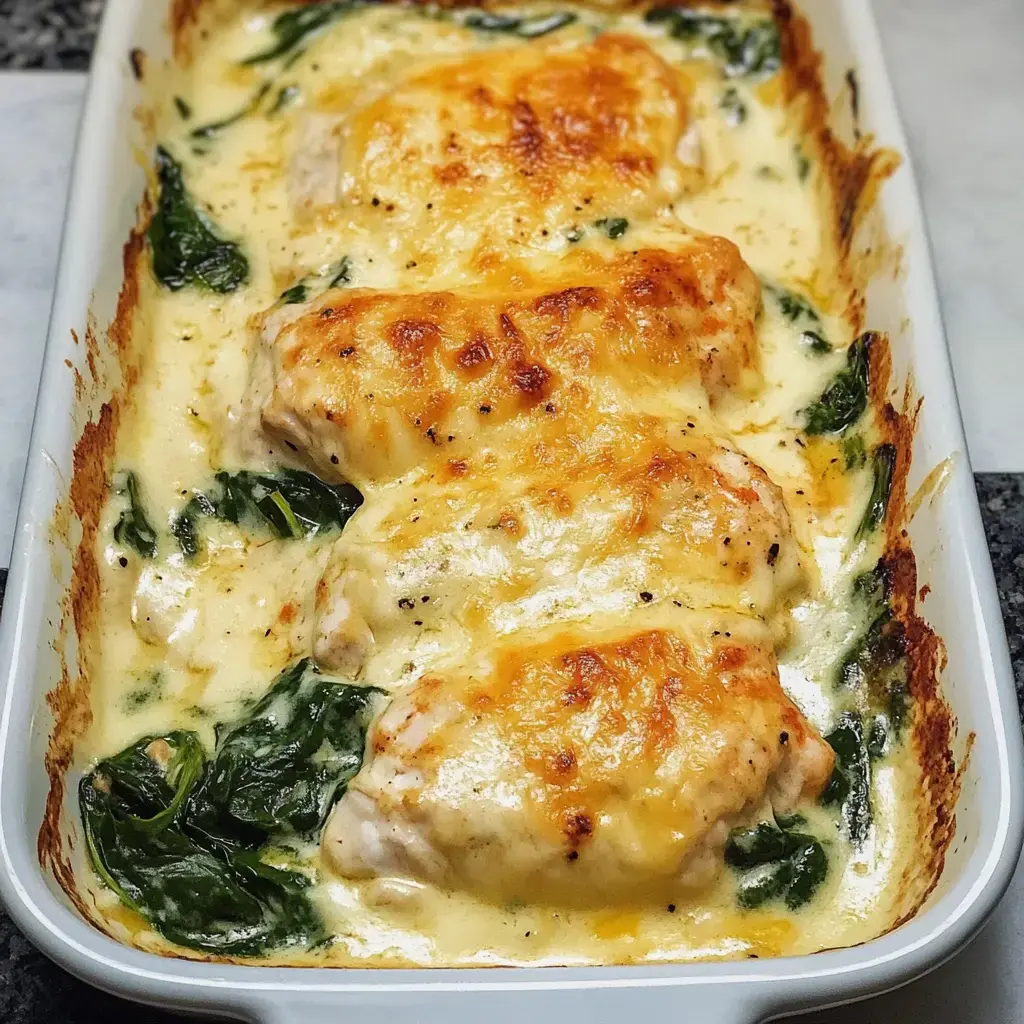 A creamy baked dish featuring chicken breasts topped with melted cheese and surrounding spinach.