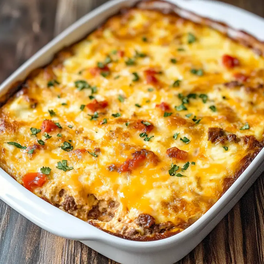 A baked dish topped with melted cheese, diced tomatoes, and herbs in a white casserole dish.