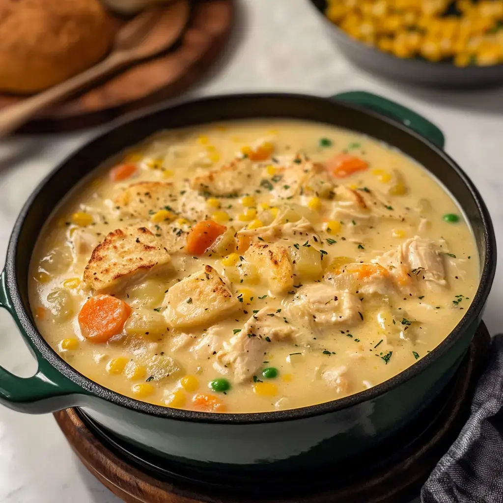 A hearty chicken and vegetable casserole with chunks of chicken, carrots, potatoes, corn, and biscuit pieces in a creamy sauce, served in a green pot.