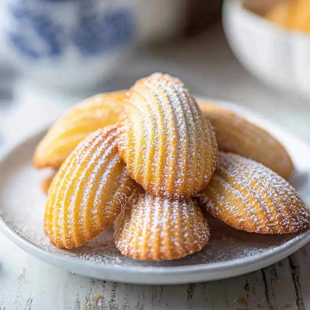 A plate piled with freshly baked madeleines dusted with powdered sugar.