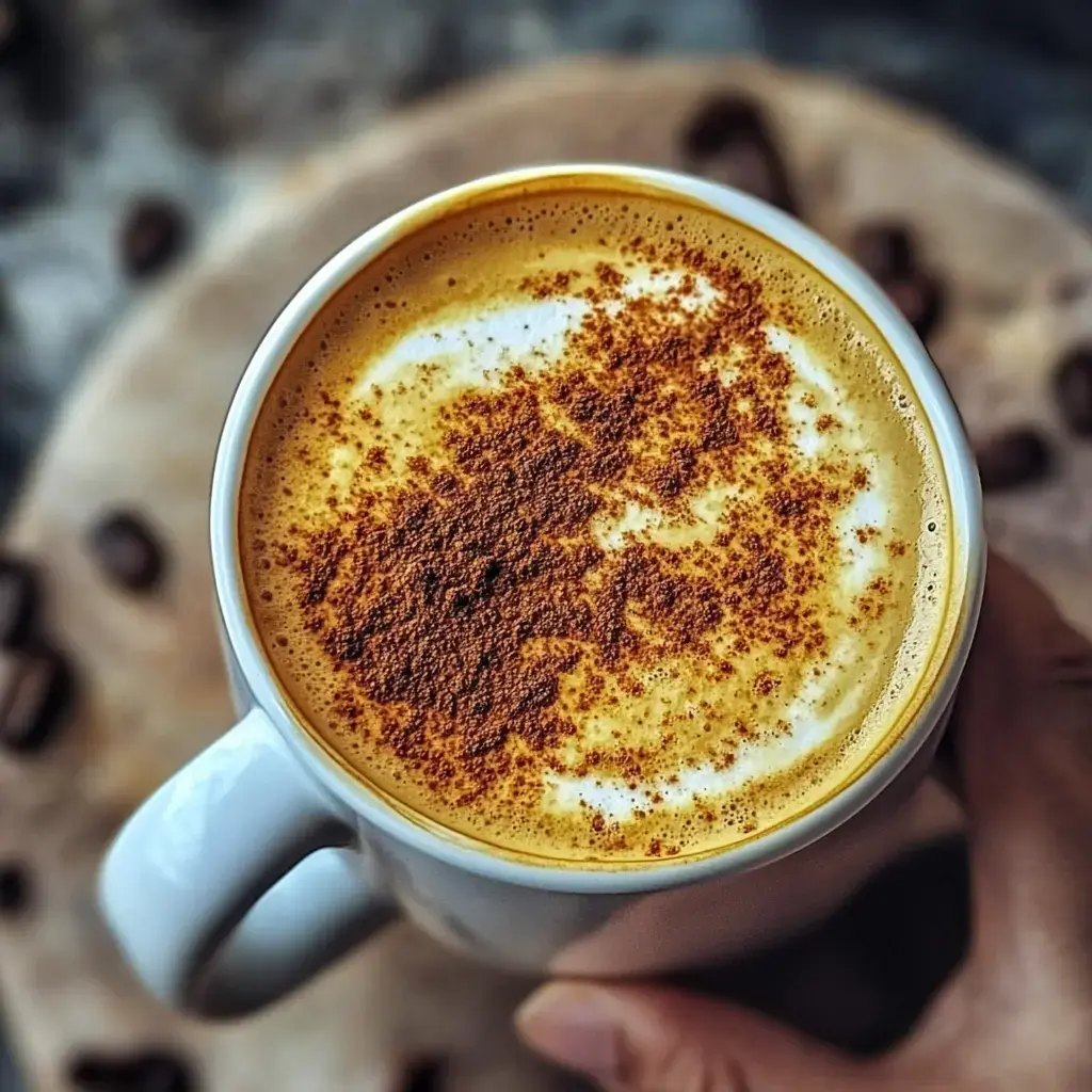 A close-up of a cup of coffee topped with frothy milk and a dusting of cocoa powder, held by a hand.