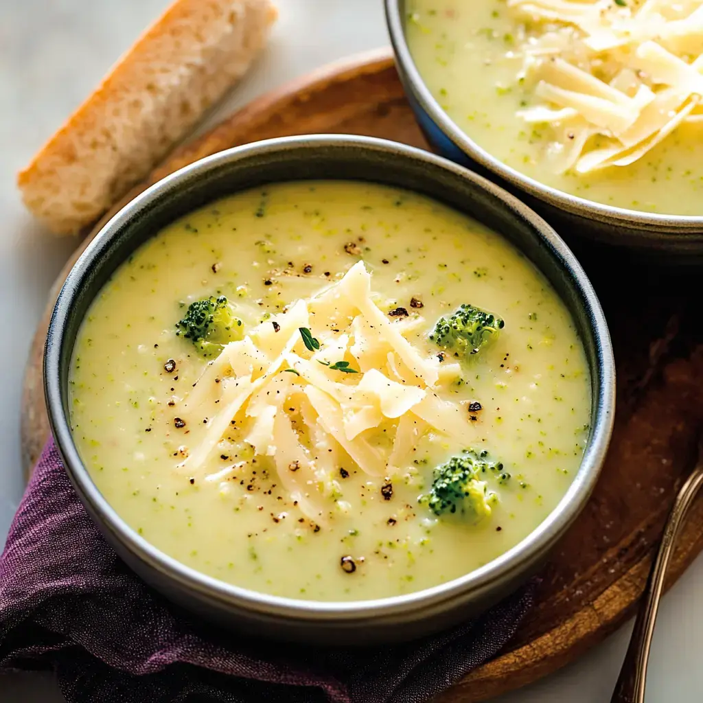 Two bowls of creamy broccoli cheese soup garnished with shredded cheese and broccoli florets, accompanied by a slice of bread on a wooden serving board.