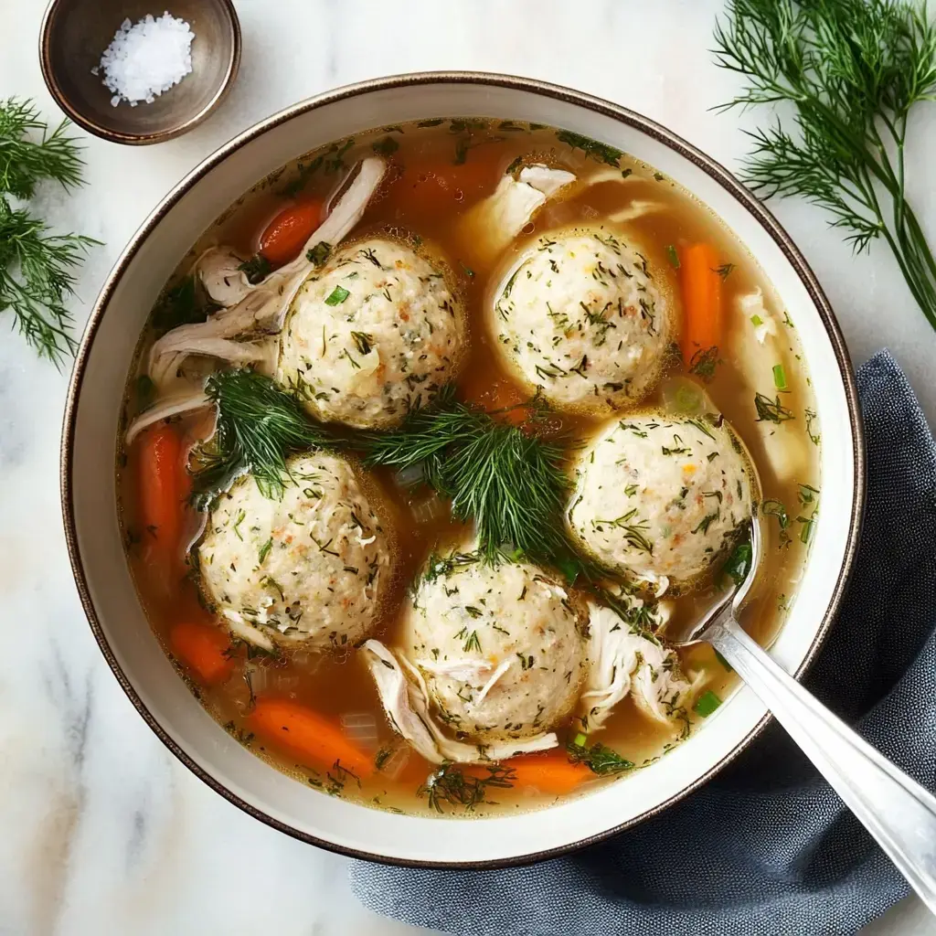 A bowl of chicken soup with four matzo balls, shredded chicken, carrots, and fresh dill in broth.