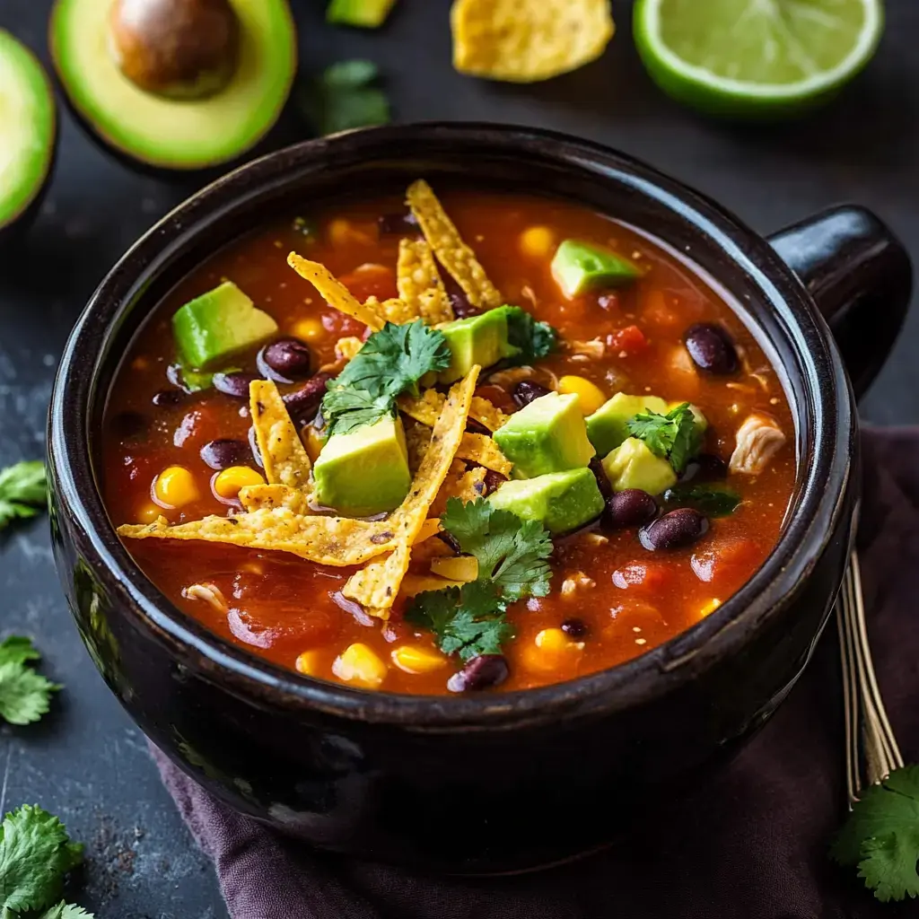 A warm bowl of soup garnished with avocado, tortilla strips, and cilantro, surrounded by fresh avocado halves and lime wedges.