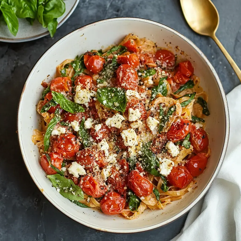 A bowl of pasta with roasted cherry tomatoes, fresh spinach, and crumbled cheese, garnished with basil and sprinkled with black pepper.