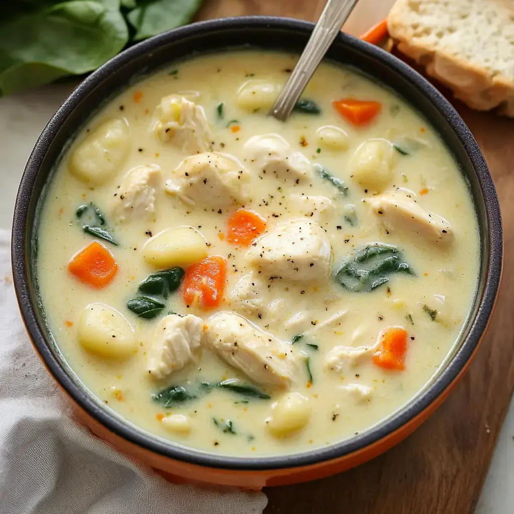 A bowl of creamy chicken gnocchi soup with spinach and carrots, accompanied by a slice of bread.