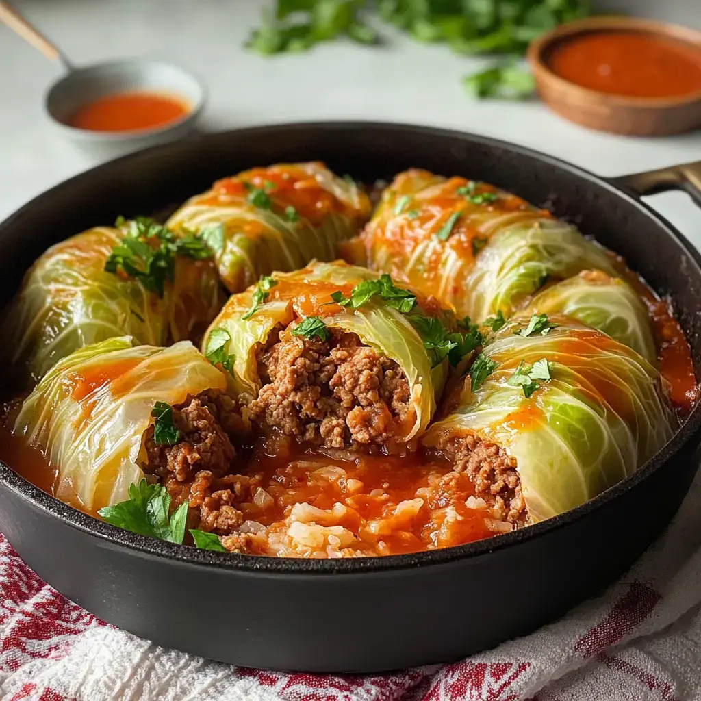 A skillet filled with cabbage rolls stuffed with ground meat, drizzled with sauce, and garnished with chopped parsley.