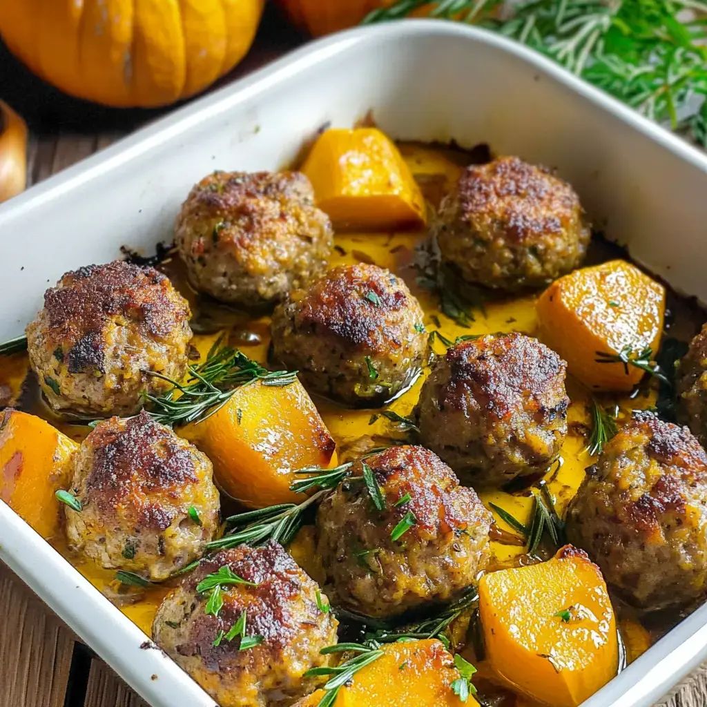 A dish of golden-brown meatballs surrounded by roasted pumpkin chunks and garnished with fresh herbs.