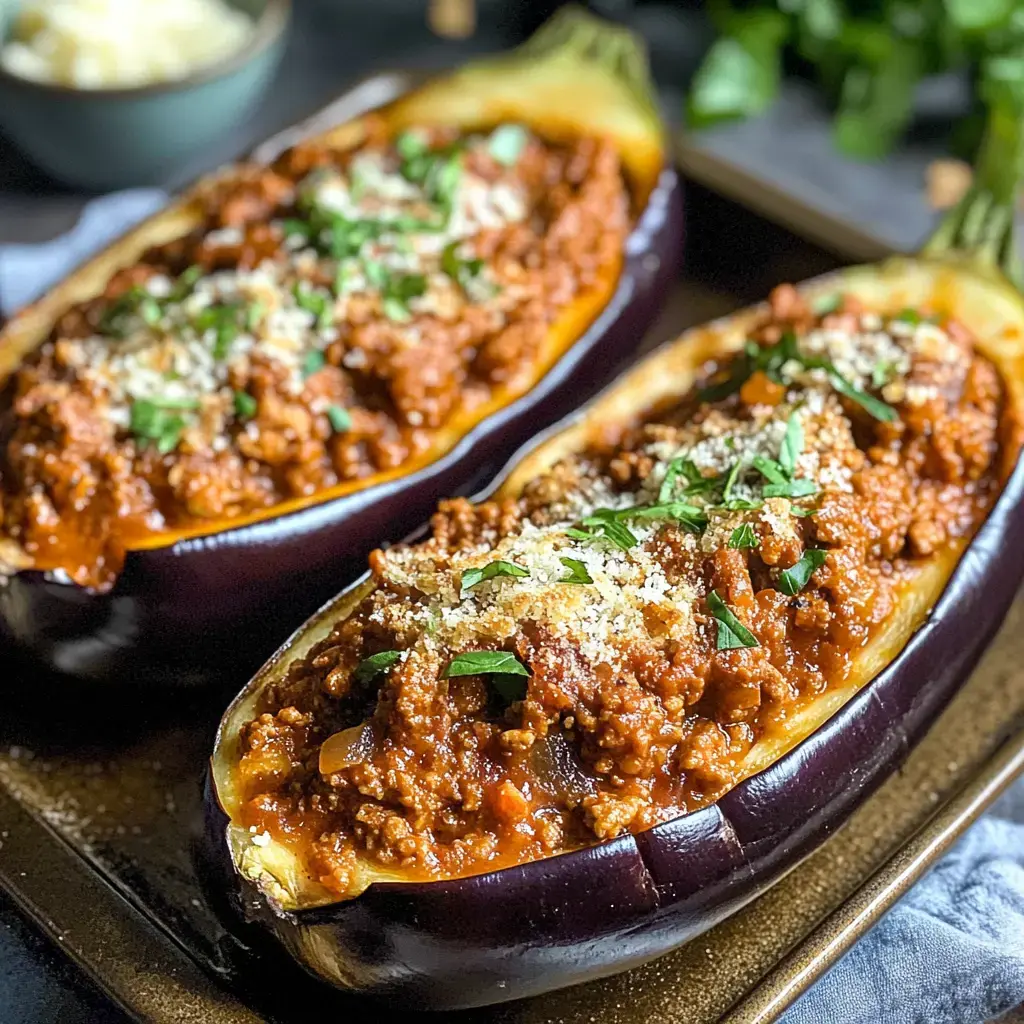 Two halved eggplants are filled with a savory meat sauce, topped with herbs and breadcrumbs, sitting on a dark plate with a blurred bowl of grated cheese in the background.