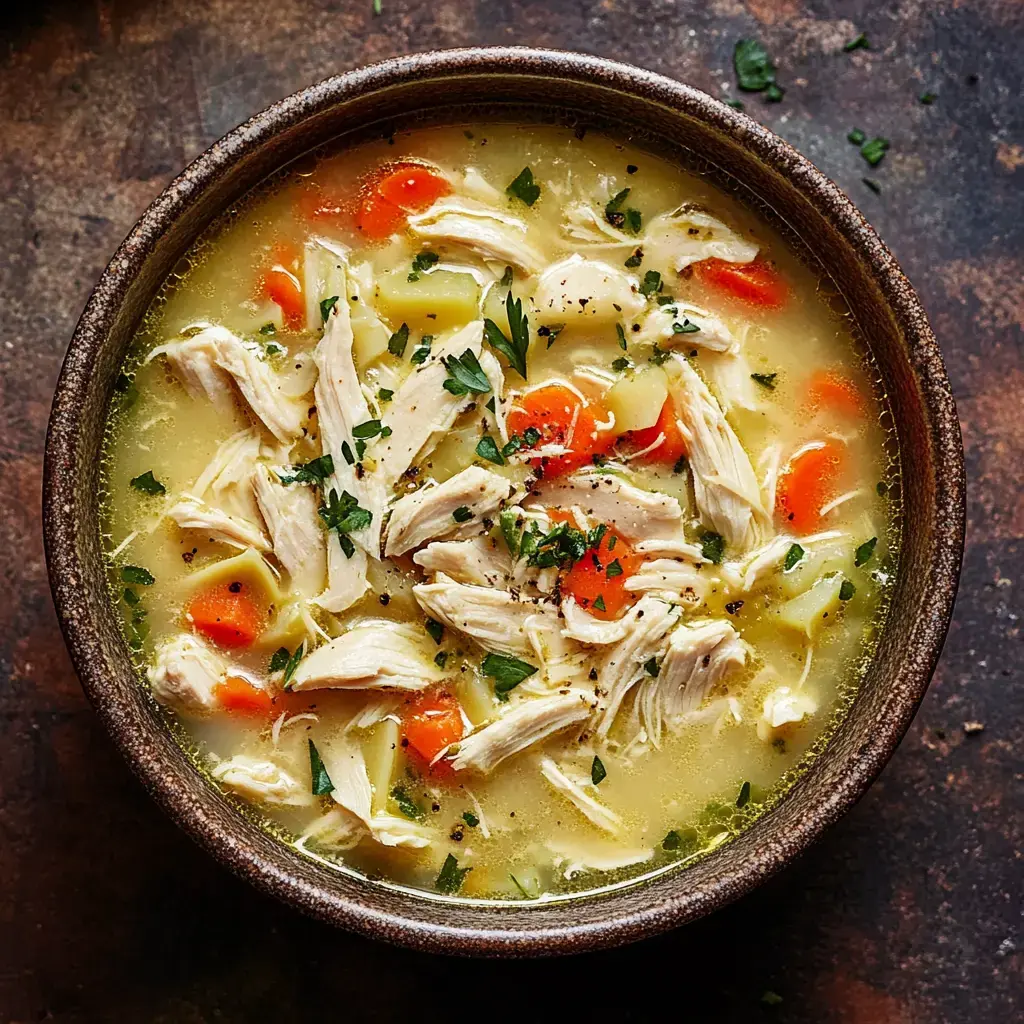 A bowl of chicken soup with shredded chicken, diced carrots, and herbs in a clear broth.