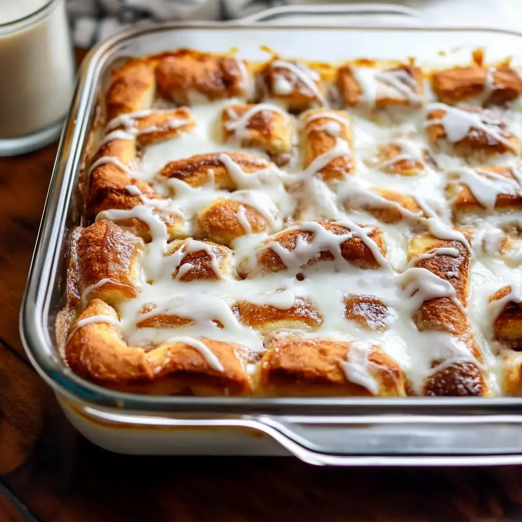 A close-up of a baked dish featuring golden-brown, glazed rolls drizzled with icing in a clear glass dish, with a glass of milk in the background.