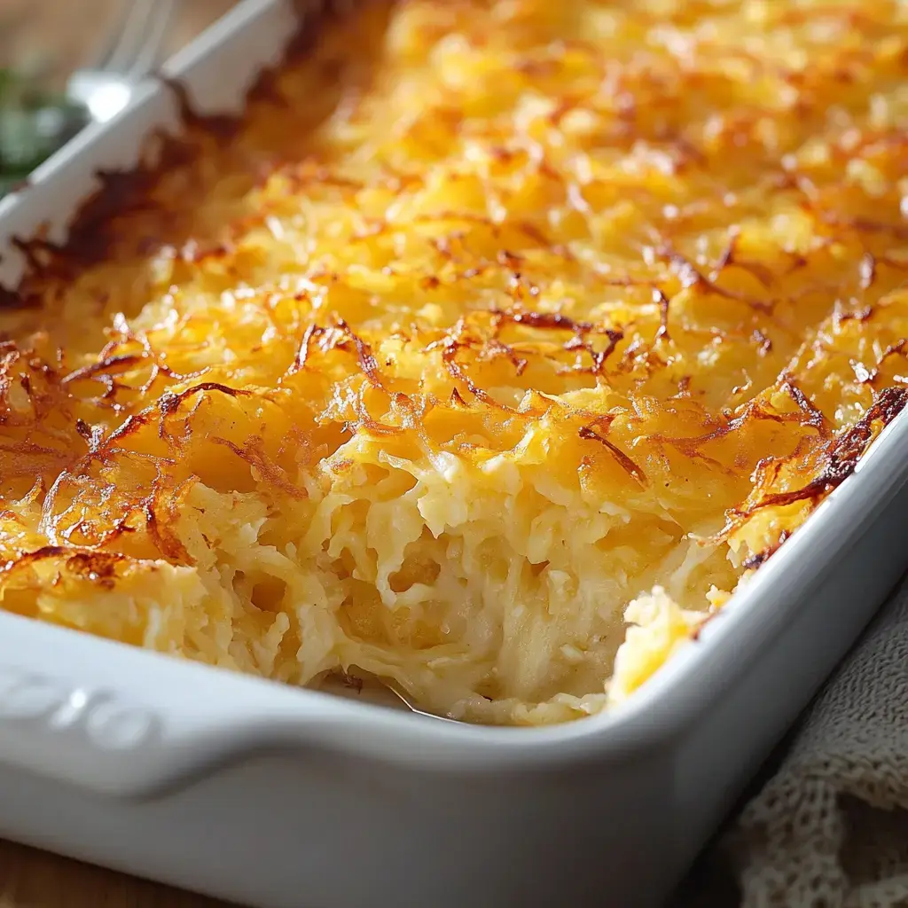 A close-up of a golden-brown, baked dish with a crispy top, revealing creamy layers underneath.