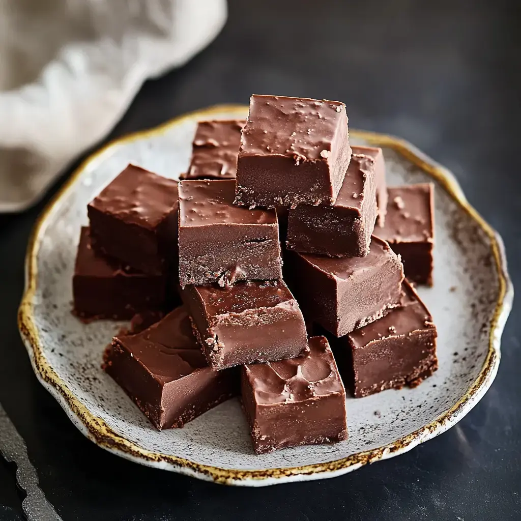 A plate of neatly stacked chocolate fudge squares sits on a textured surface.